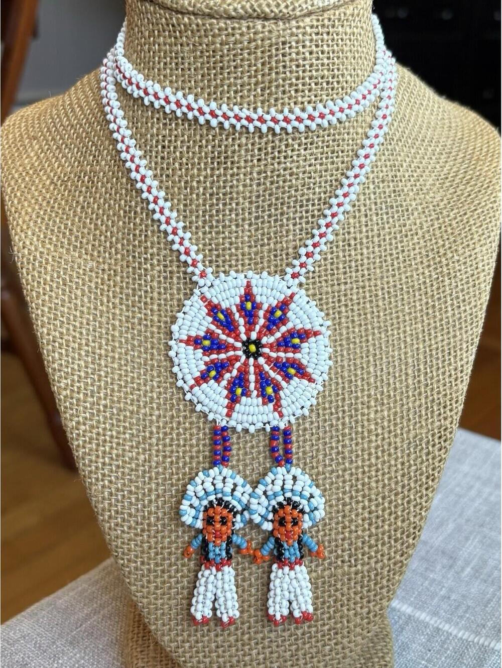 Handmade Native American Seed Bead Necklace Thunderbird Dancer Pendant